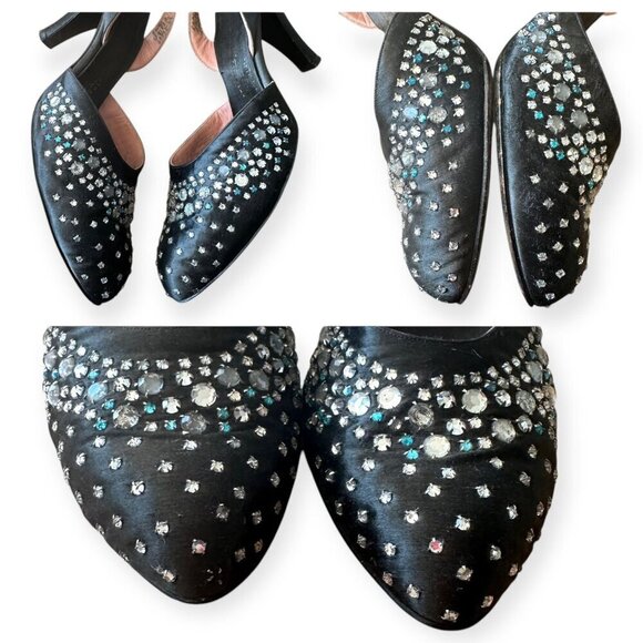 Vintage Saks-Fifth Avenue/Fenton Footwear Black Satin Beaded Slingback Pumps, 8A - Picture 9 of 15